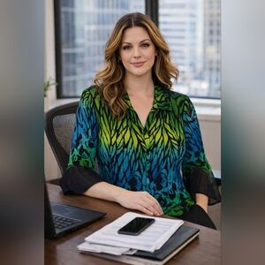 Sheer Chiffon Blouse Green Blue Ombre Floral Top Flowy Bell Sleeve Work to Weeke